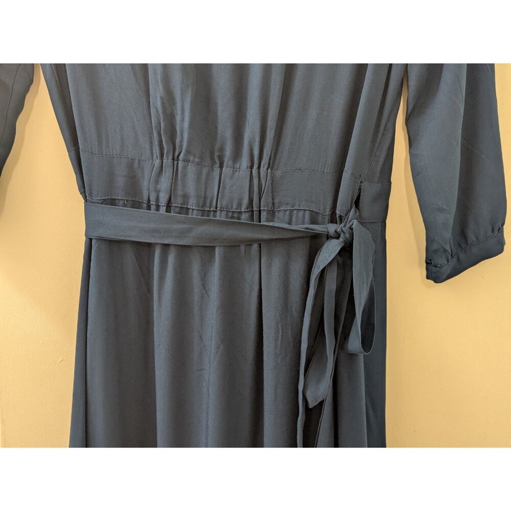 Navy Blue Wrap Maxi Dress with Ruffled Hem Elegant Long Sleeve Designer Gown - Picture 7 of 7